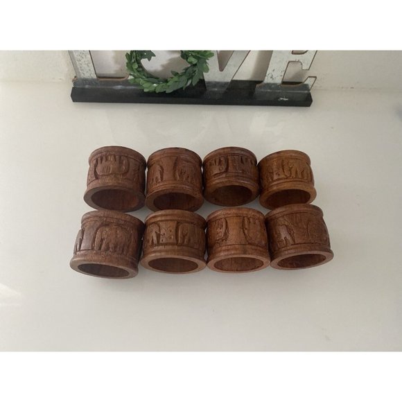 Vintage Elephant Retro Boho Hand Carved Wood Napkin Rings Holders India Set Of 8 - Picture 8 of 16